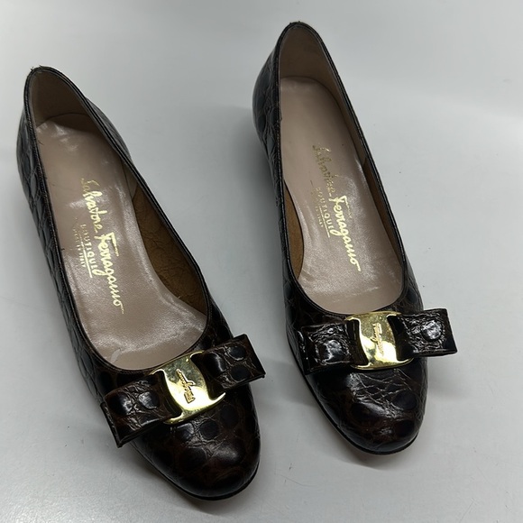 Salvatore Ferragamo Vara Bow Ballet Pumps Shoes Leather Snakeskin Brown Size 6 B - Picture 4 of 10